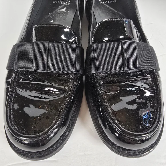 Stuart Weitzman Black Payent Leather With Grosgrain Ribbon Detail Loafers Size 8 - Picture 2 of 8